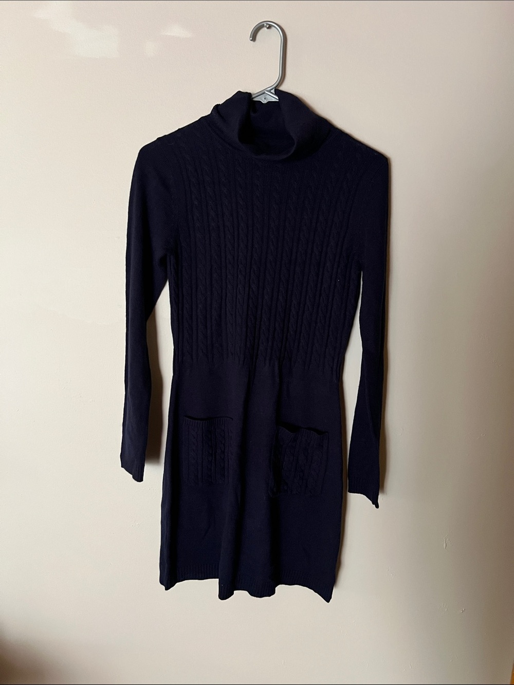 A. Byer Navy Cable Knit Turtleneck Mini Dress